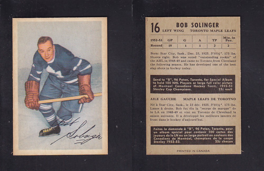 1953-54 PARKHURST HOCKEY CARD #16 B. SOLINGER photo 1953-54 PARKHURST HOCKEY CARD #16 B. SOLINGER photo