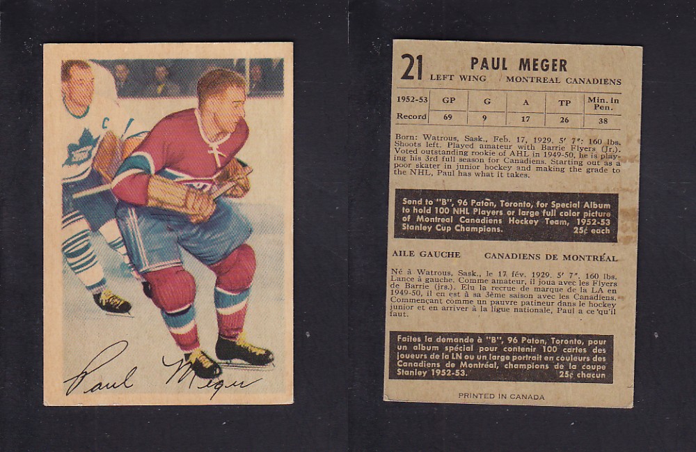 1953-54 PARKHURST HOCKEY CARD #21 P. MEGER photo