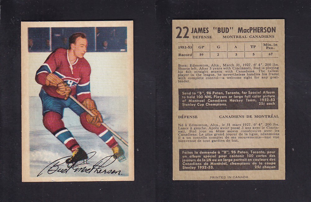 1953-54 PARKHURST HOCKEY CARD #22 B. MACPHERSON photo 1953-54 PARKHURST HOCKEY CARD #22 B. MACPHERSON photo