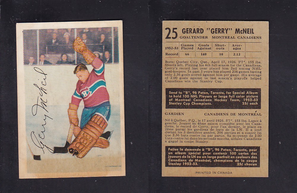 1953-54 PARKHURST HOCKEY CARD #25 G. MCNEIL photo 1953-54 PARKHURST HOCKEY CARD #25 G. MCNEIL photo