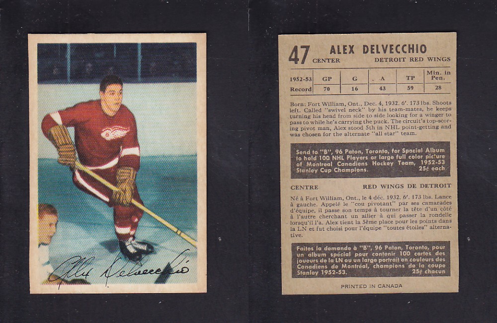 1953-54 PARKHURST HOCKEY CARD #47 A. DELVECCHIO photo 1953-54 PARKHURST HOCKEY CARD #47 A. DELVECCHIO photo