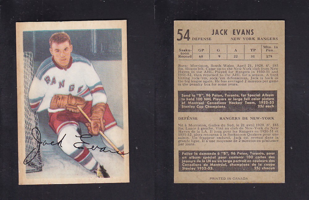 1953-54 PARKHURST HOCKEY CARD #54 J. EVANS photo 1953-54 PARKHURST HOCKEY CARD #54 J. EVANS photo