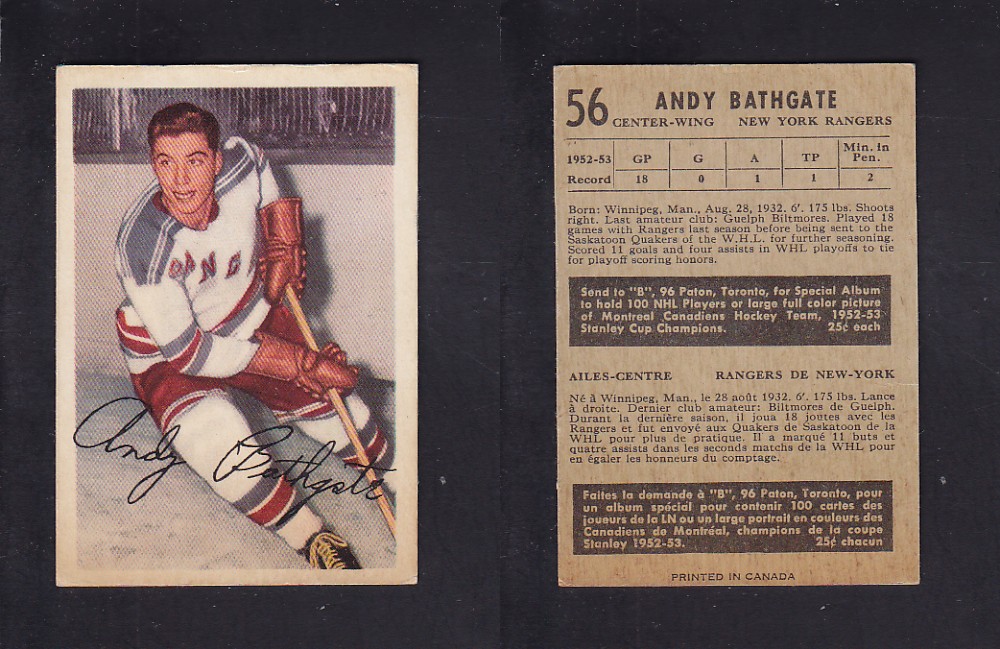 1953-54 PARKHURST HOCKEY CARD #56 A. BATHGATE photo 1953-54 PARKHURST HOCKEY CARD #56 A. BATHGATE photo