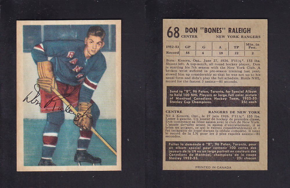 1953-54 PARKHURST HOCKEY CARD #68 B. RALEIGH photo 1953-54 PARKHURST HOCKEY CARD #68 B. RALEIGH photo