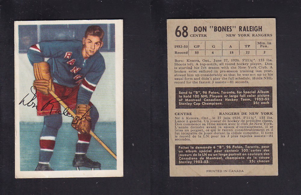 1953-54 PARKHURST HOCKEY CARD #68 B. RALEIGH photo 1953-54 PARKHURST HOCKEY CARD #68 B. RALEIGH photo