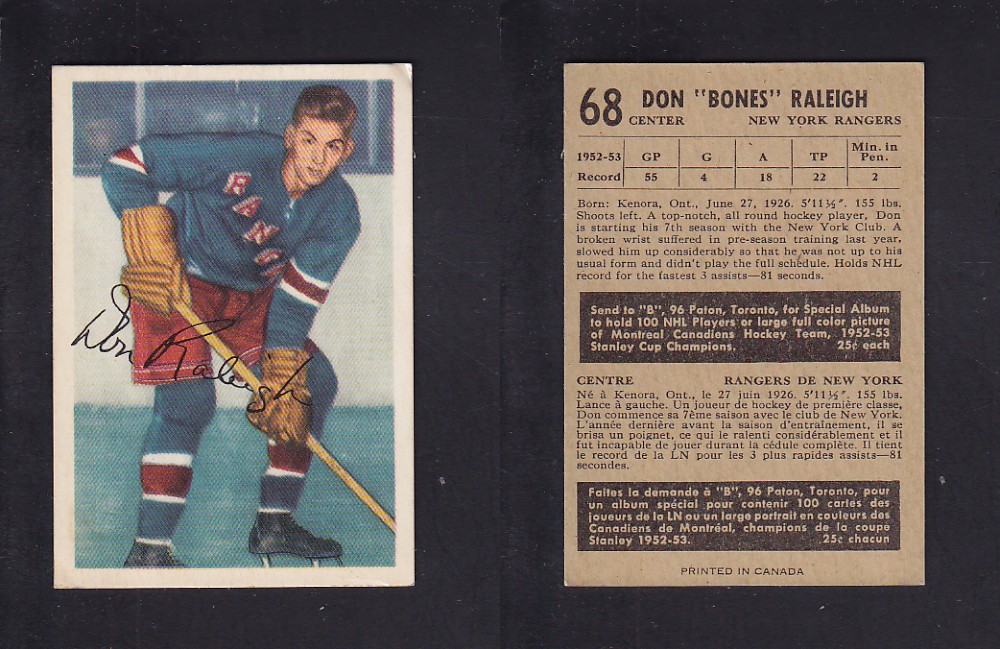 1953-54 PARKHURST HOCKEY CARD #68 B. RALEIGH photo 1953-54 PARKHURST HOCKEY CARD #68 B. RALEIGH photo