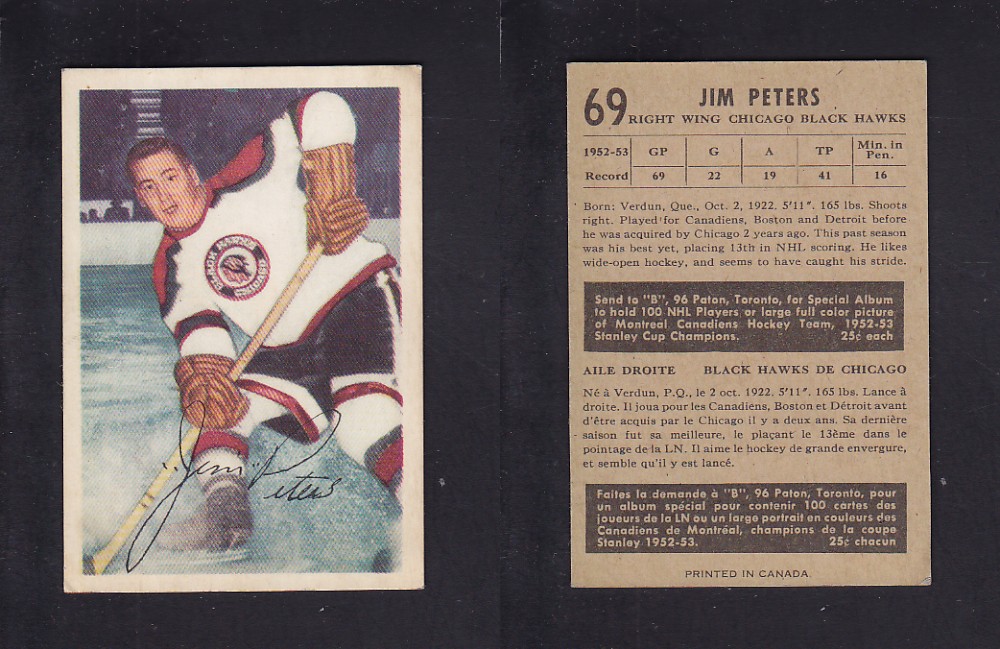 1953-54 PARKHURST HOCKEY CARD #69 J. PETERS photo