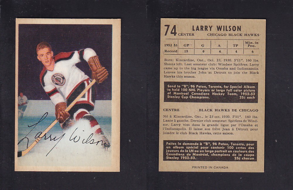 1953-54 PARKHURST HOCKEY CARD #74 L. WILSON photo 1953-54 PARKHURST HOCKEY CARD #74 L. WILSON photo