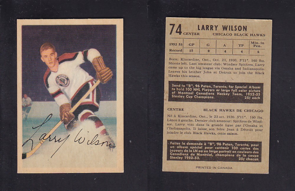 1953-54 PARKHURST HOCKEY CARD #74 L. WILSON photo 1953-54 PARKHURST HOCKEY CARD #74 L. WILSON photo