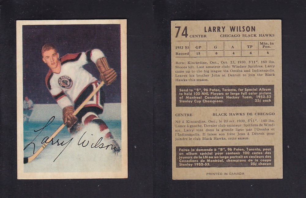 1953-54 PARKHURST HOCKEY CARD #74 L. WILSON photo 1953-54 PARKHURST HOCKEY CARD #74 L. WILSON photo