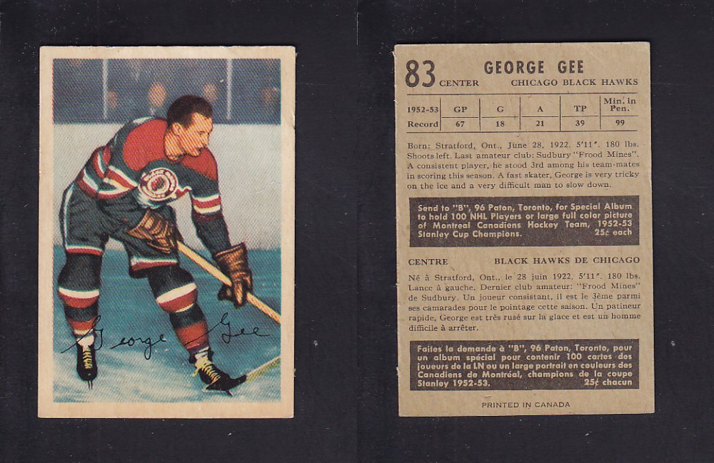 1953-54 PARKHURST HOCKEY CARD #83 G. GEE photo 1953-54 PARKHURST HOCKEY CARD #83 G. GEE photo