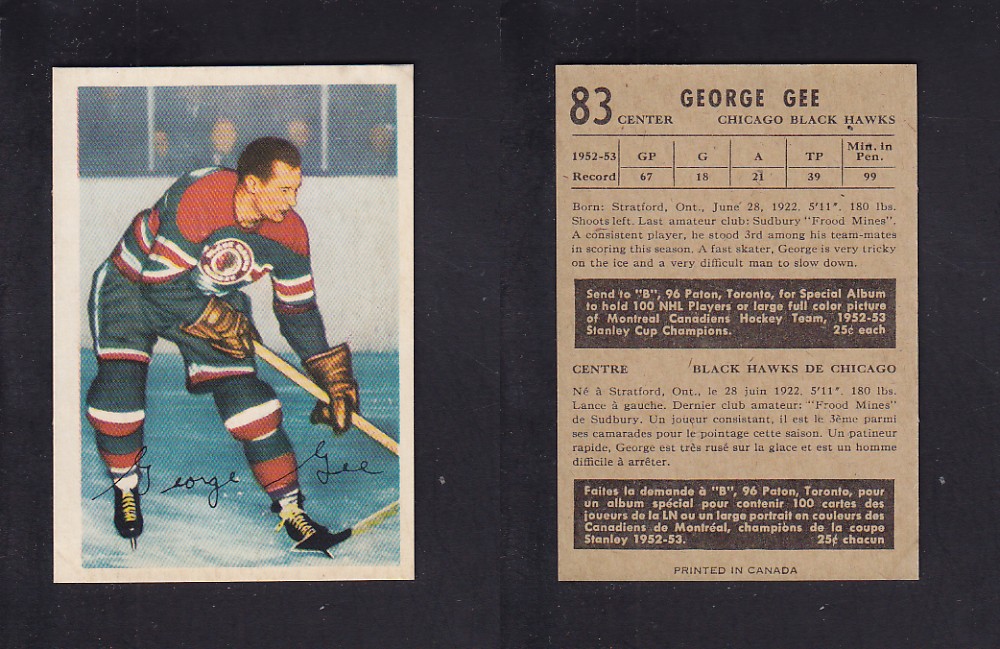 1953-54 PARKHURST HOCKEY CARD #83 G. GEE photo 1953-54 PARKHURST HOCKEY CARD #83 G. GEE photo