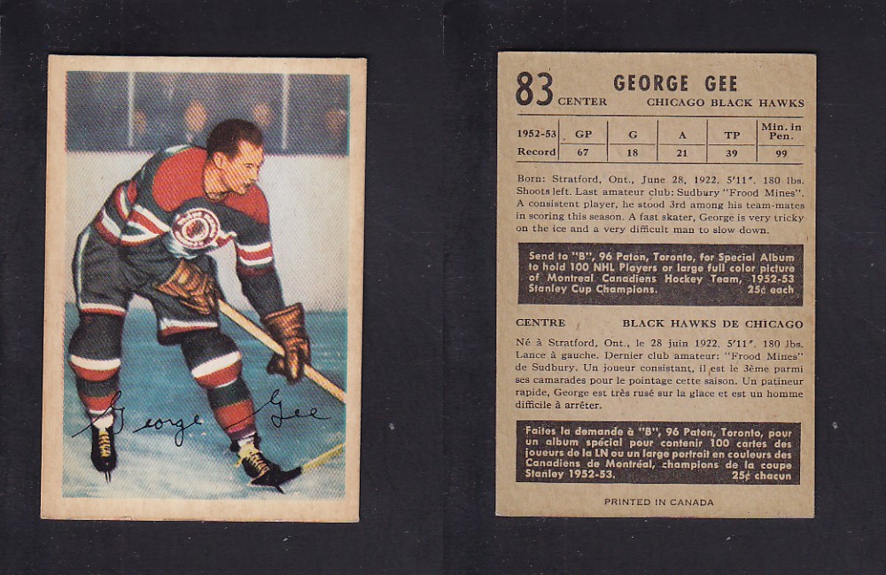 1953-54 PARKHURST HOCKEY CARD #83 G. GEE photo 1953-54 PARKHURST HOCKEY CARD #83 G. GEE photo