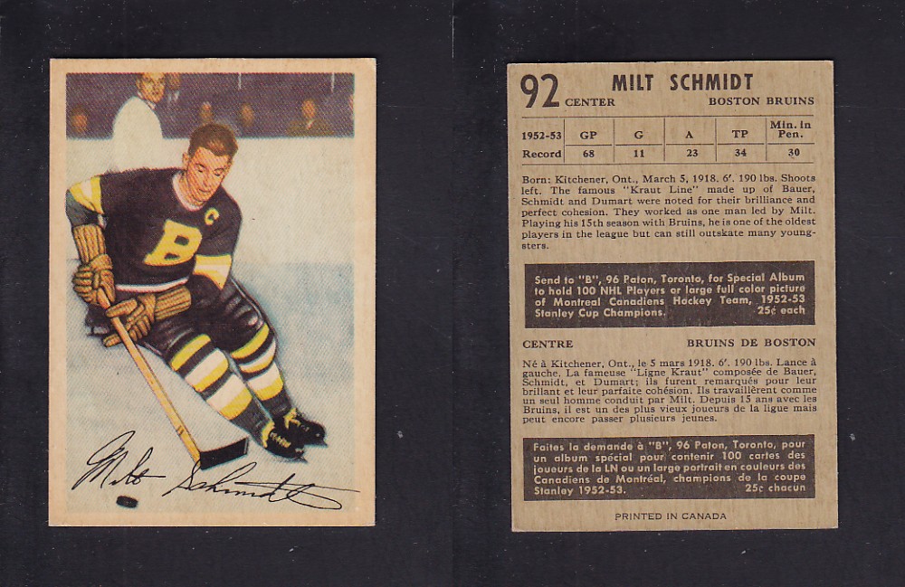 1953-54 PARKHURST HOCKEY CARD #92 M. SCHMIDT photo 1953-54 PARKHURST HOCKEY CARD #92 M. SCHMIDT photo