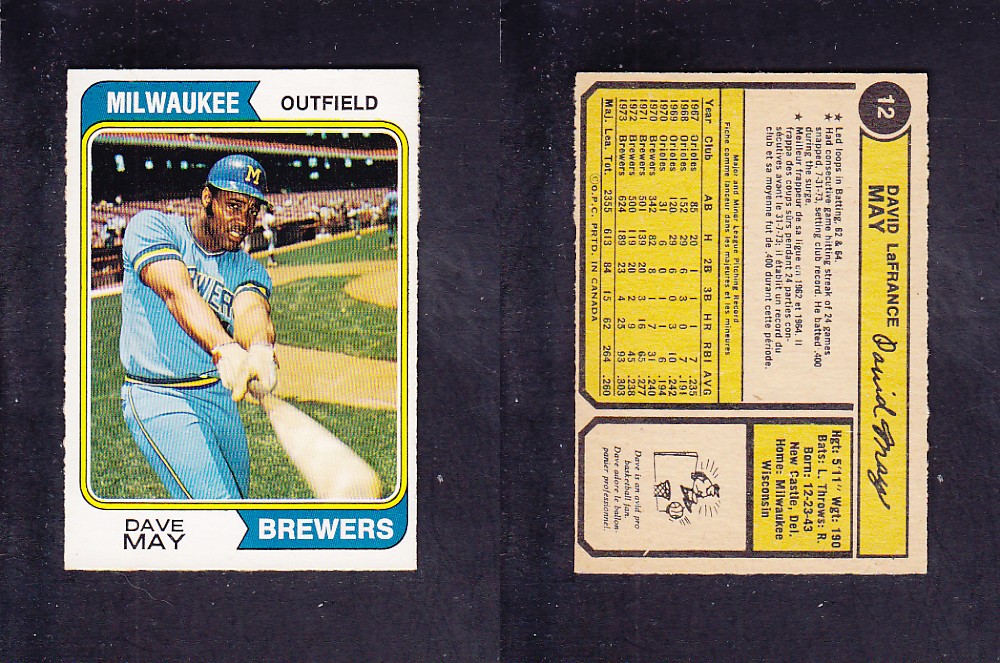 1974 O-PEE-CHEE BASEBALL CARD #12 D. MAY photo 1974 O-PEE-CHEE BASEBALL CARD #12 D. MAY photo
