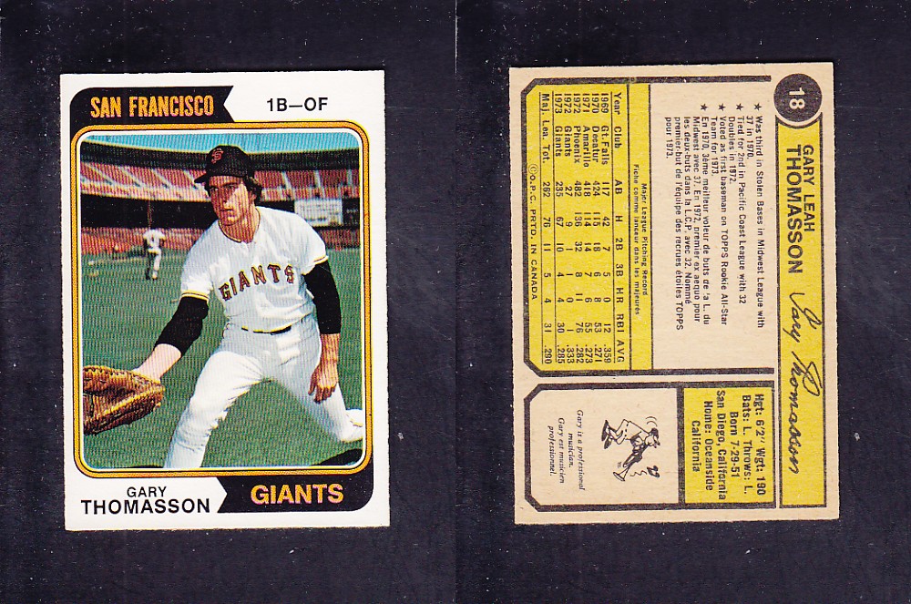 1974 O-PEE-CHEE BASEBALL CARD #19 G. THOMASSON photo 1974 O-PEE-CHEE BASEBALL CARD #19 G. THOMASSON photo