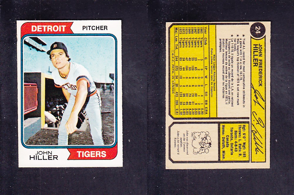 1974 O-PEE-CHEE BASEBALL CARD #24 J. HILLER photo 1974 O-PEE-CHEE BASEBALL CARD #24 J. HILLER photo