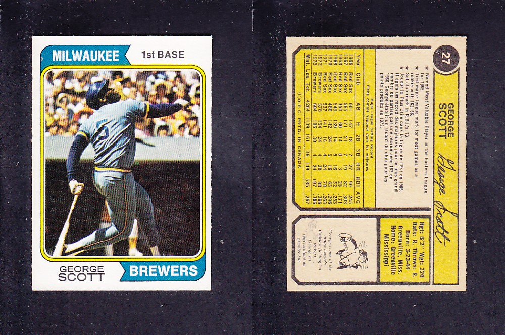 1974 O-PEE-CHEE BASEBALL CARD #27 G. SCOTT photo 1974 O-PEE-CHEE BASEBALL CARD #27 G. SCOTT photo