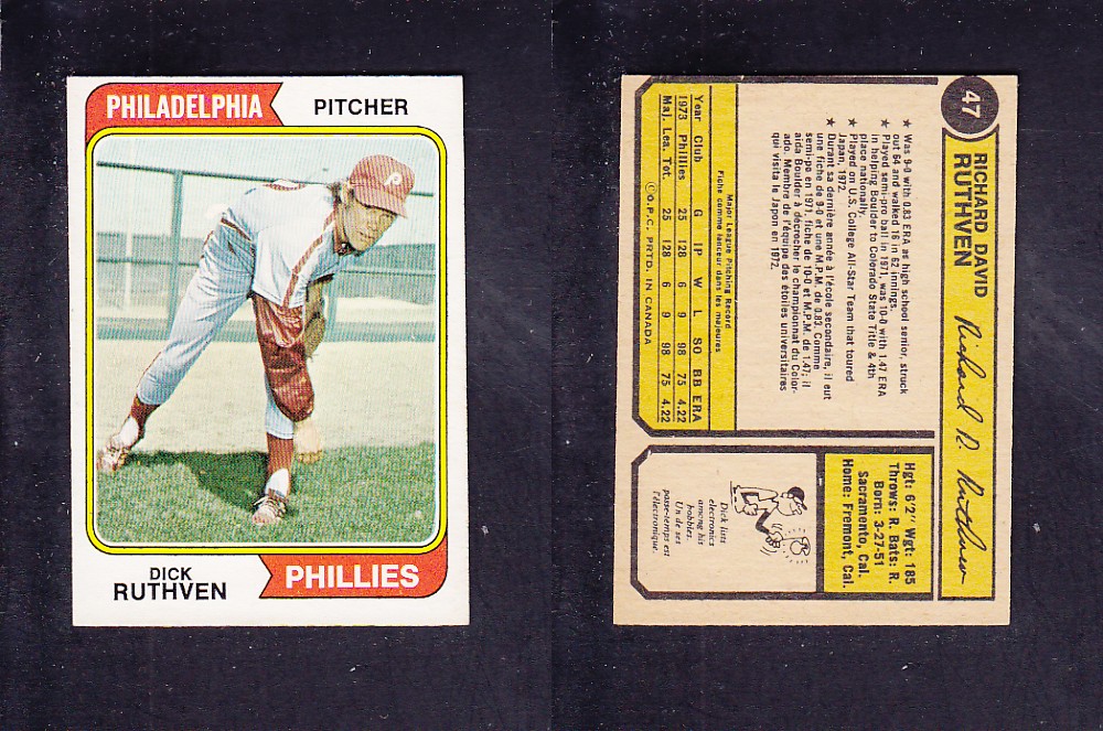 1974 O-PEE-CHEE BASEBALL CARD #47 D. RUTHVEN photo