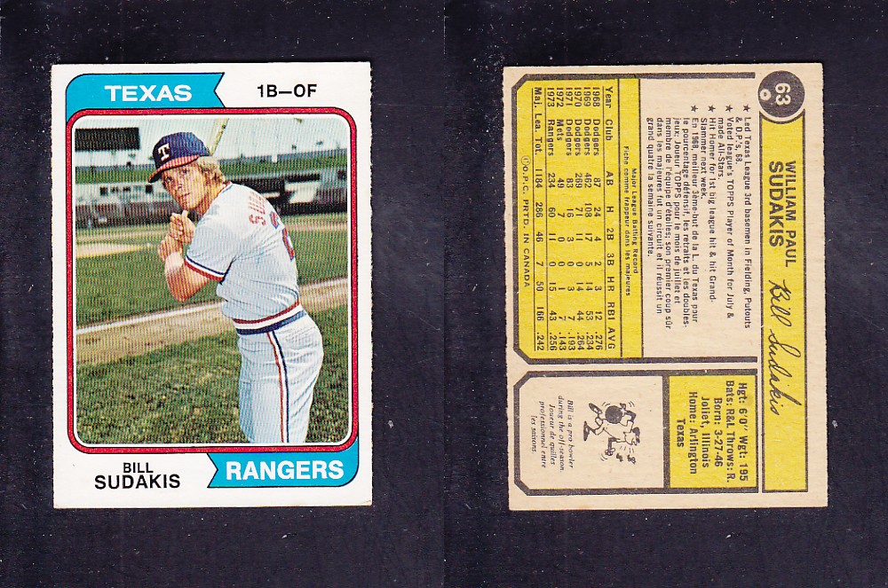 1974 O-PEE-CHEE BASEBALL CARD #63 B. SUDAKIS photo
