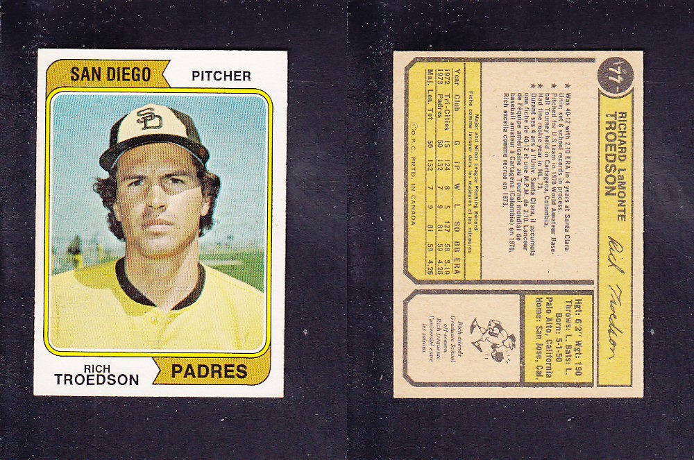 1974 O-PEE-CHEE BASEBALL CARD #77 R. TROEDSON photo