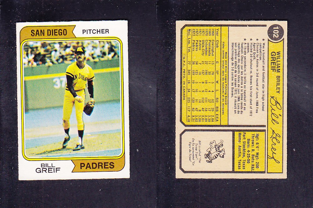 1974 O-PEE-CHEE BASEBALL CARD #102 B. GREIF photo