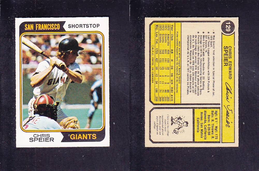 1974 O-PEE-CHEE BASEBALL CARD #129 C. SPEIER photo 1974 O-PEE-CHEE BASEBALL CARD #129 C. SPEIER photo