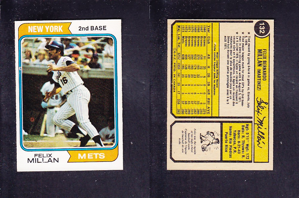 1974 O-PEE-CHEE BASEBALL CARD #132 F. MILLAN photo