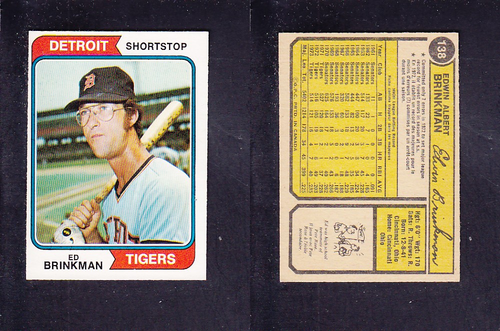 1974 O-PEE-CHEE BASEBALL CARD #138 E. BRINKMAN photo