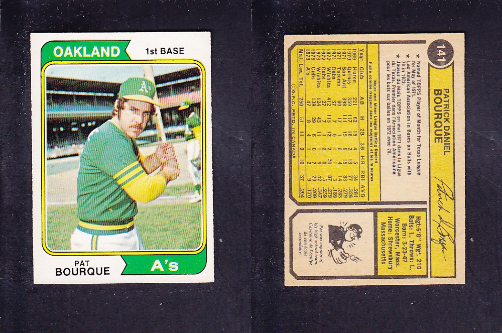 1974 O-PEE-CHEE BASEBALL CARD #141 P. BOURQUE photo 1974 O-PEE-CHEE BASEBALL CARD #141 P. BOURQUE photo