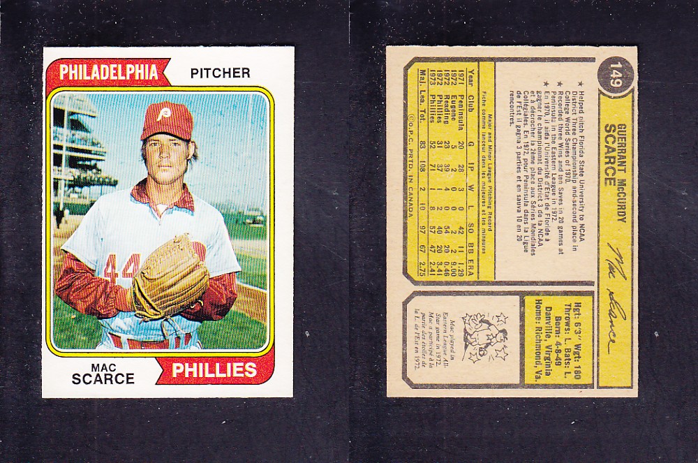 1974 O-PEE-CHEE BASEBALL CARD #149 M. SCARCE photo 1974 O-PEE-CHEE BASEBALL CARD #149 M. SCARCE photo