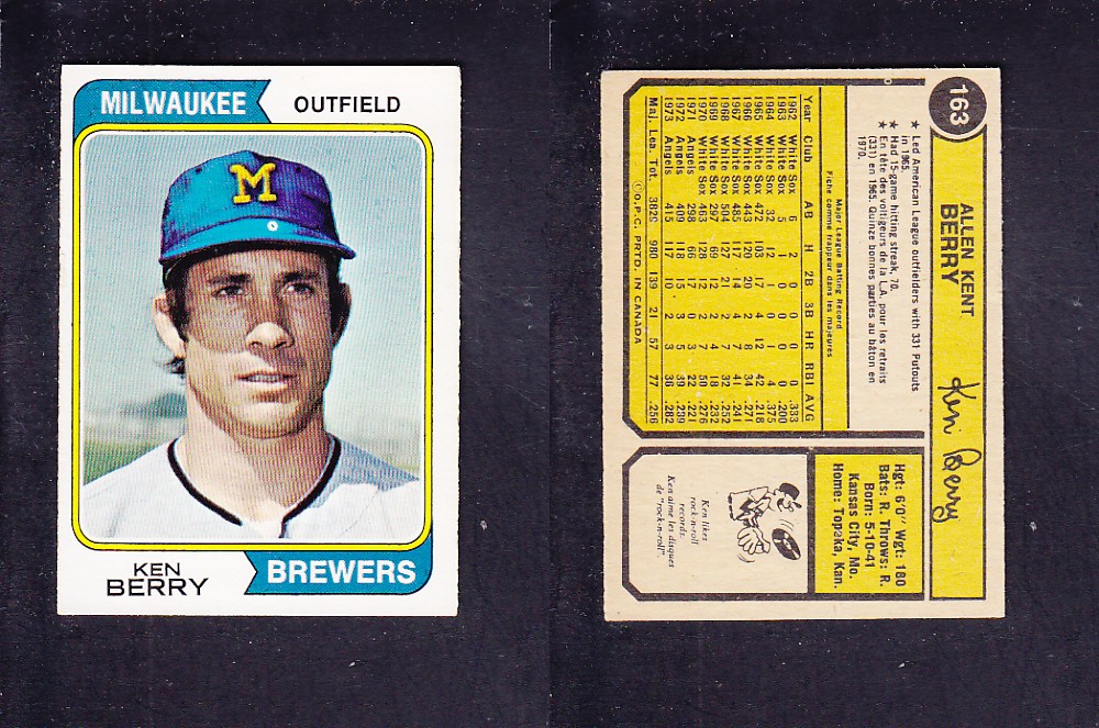 1974 O-PEE-CHEE BASEBALL CARD #163 K. BERRY photo 1974 O-PEE-CHEE BASEBALL CARD #163 K. BERRY photo