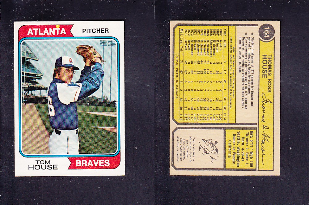 1974 O-PEE-CHEE BASEBALL CARD #164 T. HOUSE photo