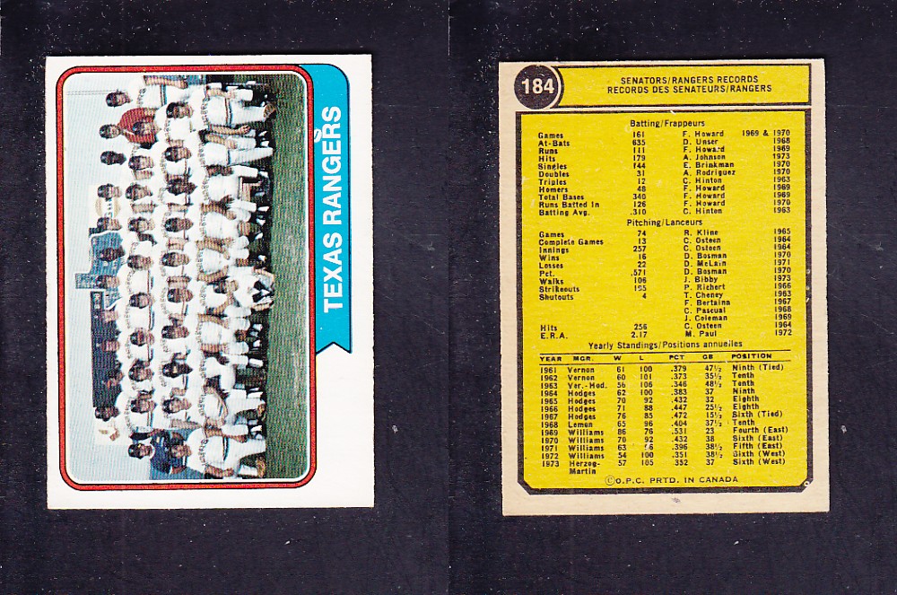 1974 O-PEE-CHEE BASEBALL CARD #184 TEXAS RANGERS photo 1974 O-PEE-CHEE BASEBALL CARD #184 TEXAS RANGERS photo