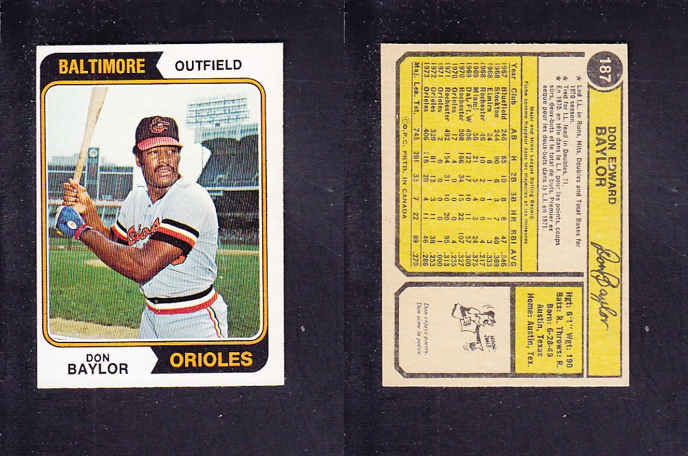 1974 O-PEE-CHEE BASEBALL CARD #187 D. BAYLOR photo 1974 O-PEE-CHEE BASEBALL CARD #187 D. BAYLOR photo