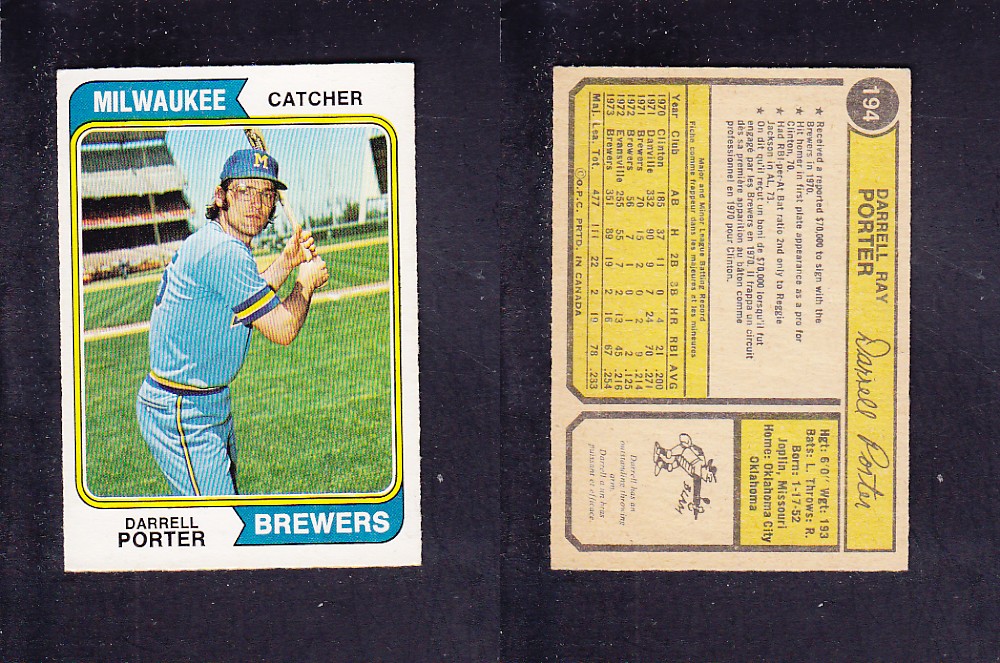 1974 O-PEE-CHEE BASEBALL CARD #194 D. PORTER photo 1974 O-PEE-CHEE BASEBALL CARD #194 D. PORTER photo