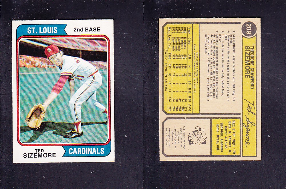 1974 O-PEE-CHEE BASEBALL CARD #209 T. SIZEMORE photo 1974 O-PEE-CHEE BASEBALL CARD #209 T. SIZEMORE photo