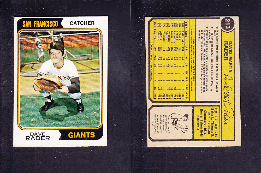 1974 O-PEE-CHEE BASEBALL CARD #213 D. RADER photo 1974 O-PEE-CHEE BASEBALL CARD #213 D. RADER photo