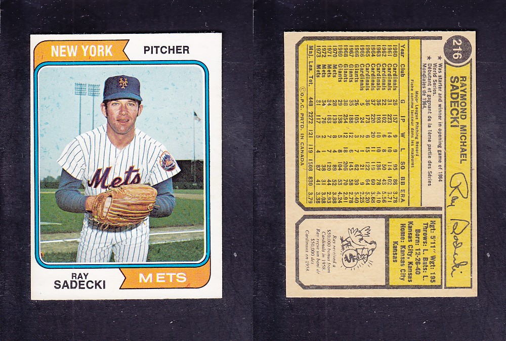 1974 O-PEE-CHEE BASEBALL CARD #216 R. SADECKI photo