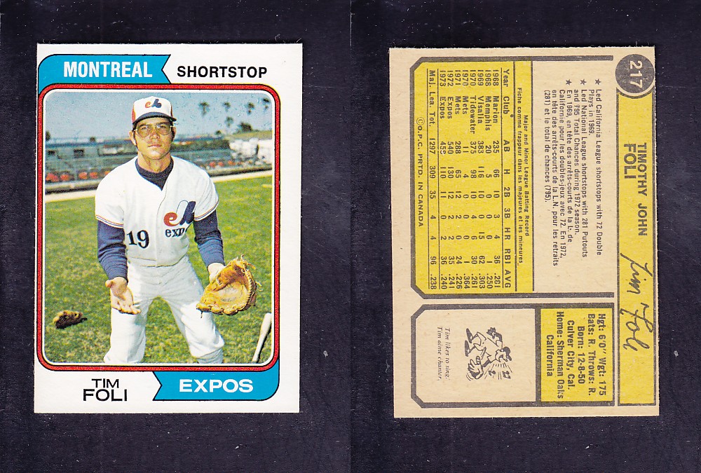 1974 O-PEE-CHEE BASEBALL CARD #217 T. FOLI photo 1974 O-PEE-CHEE BASEBALL CARD #217 T. FOLI photo