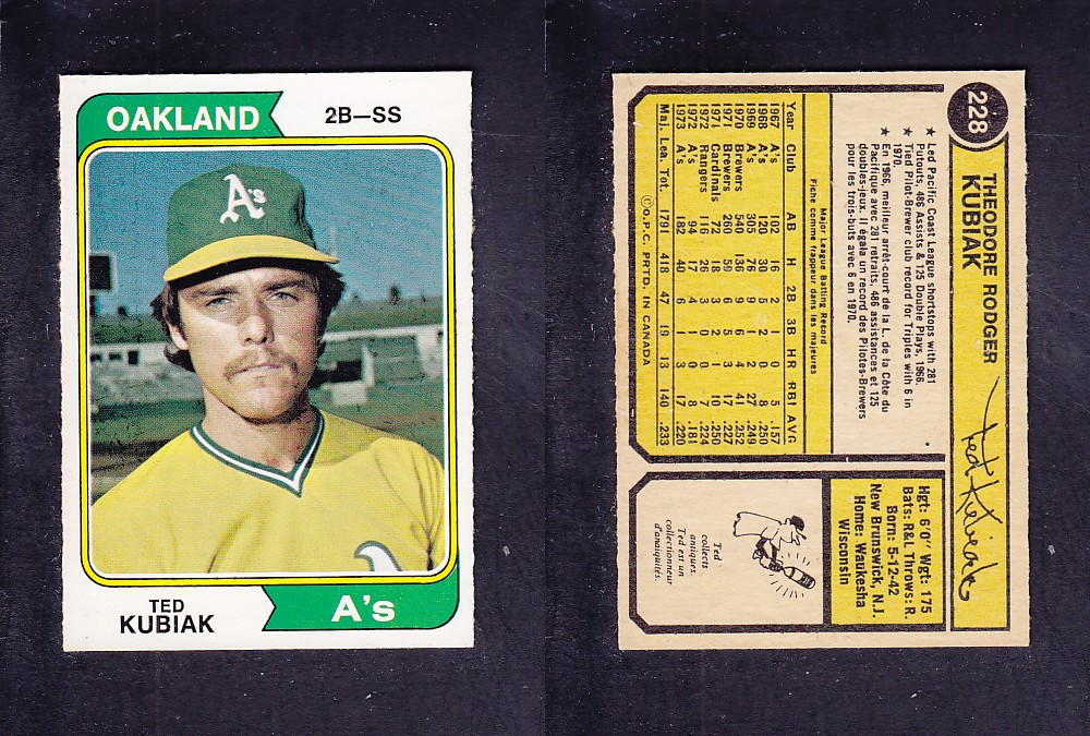 1974 O-PEE-CHEE BASEBALL CARD #228 T. KUBIAK photo