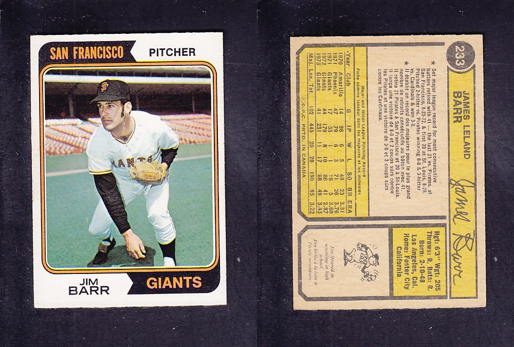 1974 O-PEE-CHEE BASEBALL CARD #233 J. BARR photo 1974 O-PEE-CHEE BASEBALL CARD #233 J. BARR photo