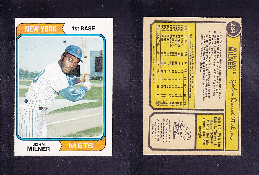 1974 O-PEE-CHEE BASEBALL CARD #234 J. MILNER photo 1974 O-PEE-CHEE BASEBALL CARD #234 J. MILNER photo