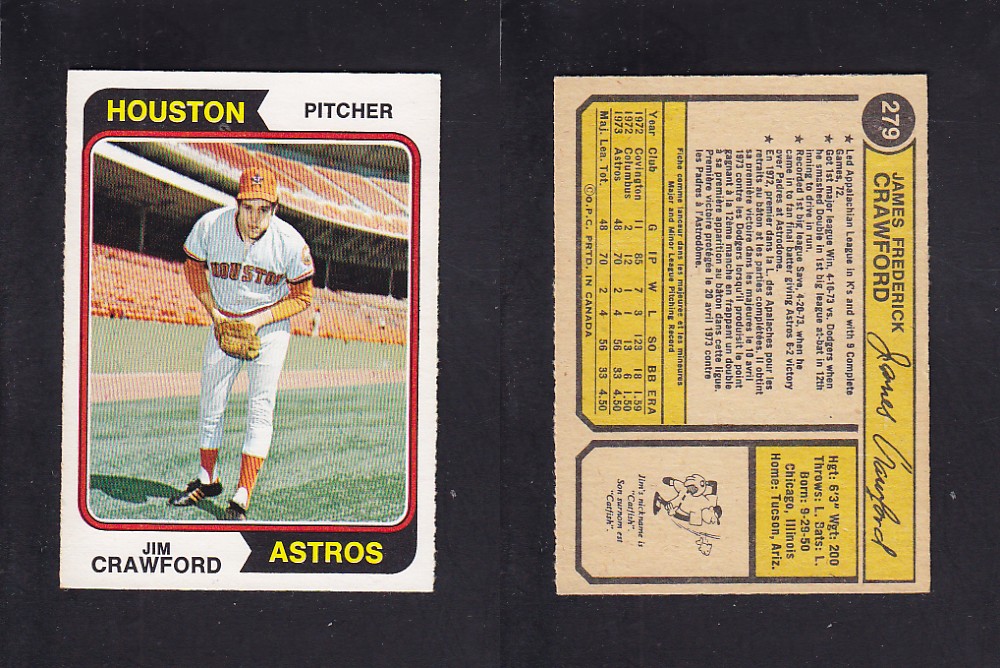 1974 O-PEE-CHEE BASEBALL CARD #279 J. CRAWFORD photo 1974 O-PEE-CHEE BASEBALL CARD #279 J. CRAWFORD photo