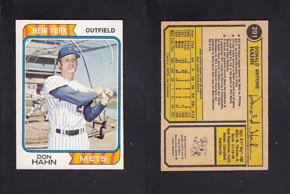 1974 O-PEE-CHEE BASEBALL CARD #291 D. HAHN photo 1974 O-PEE-CHEE BASEBALL CARD #291 D. HAHN photo
