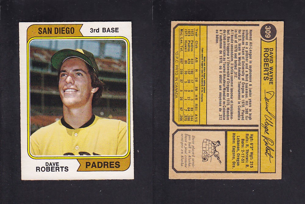1974 O-PEE-CHEE BASEBALL CARD #309 D. ROBERTS photo 1974 O-PEE-CHEE BASEBALL CARD #309 D. ROBERTS photo