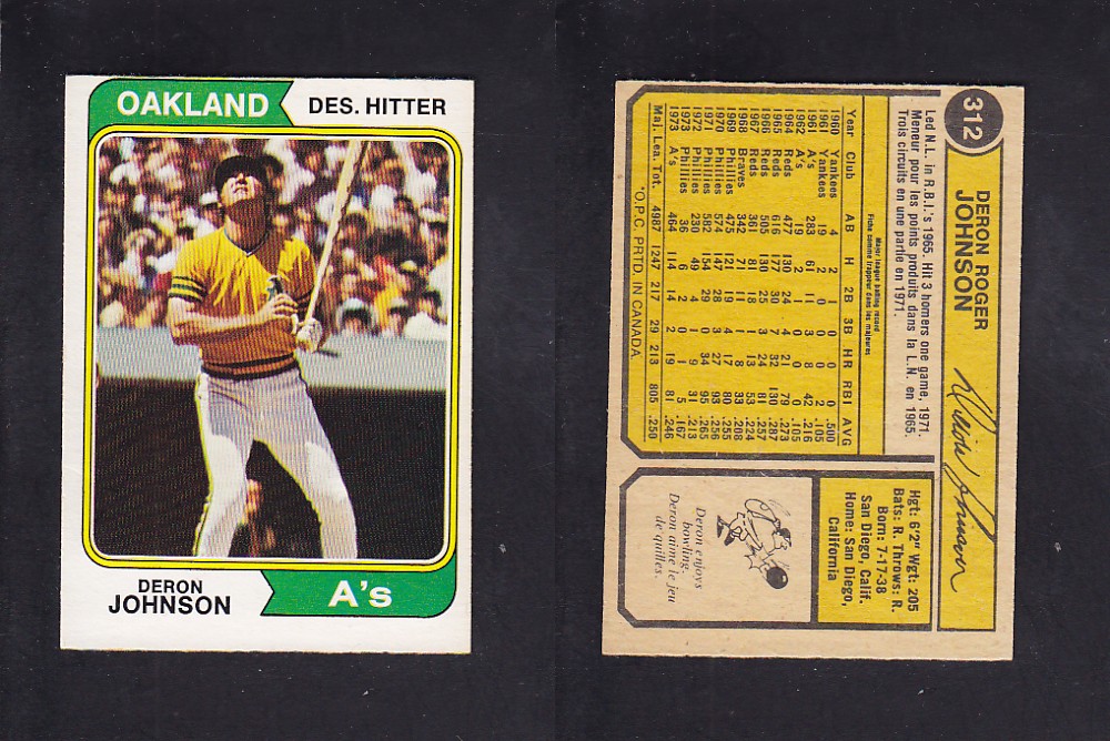 1974 O-PEE-CHEE BASEBALL CARD #312 D. JOHNSON photo