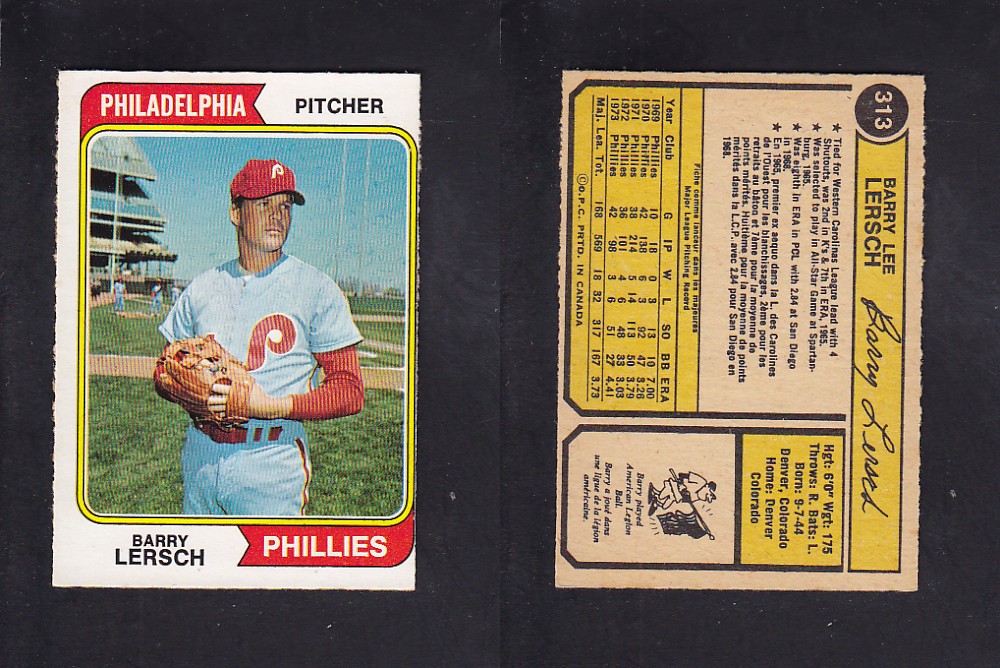 1974 O-PEE-CHEE BASEBALL CARD #313 B. LERSCH photo 1974 O-PEE-CHEE BASEBALL CARD #313 B. LERSCH photo