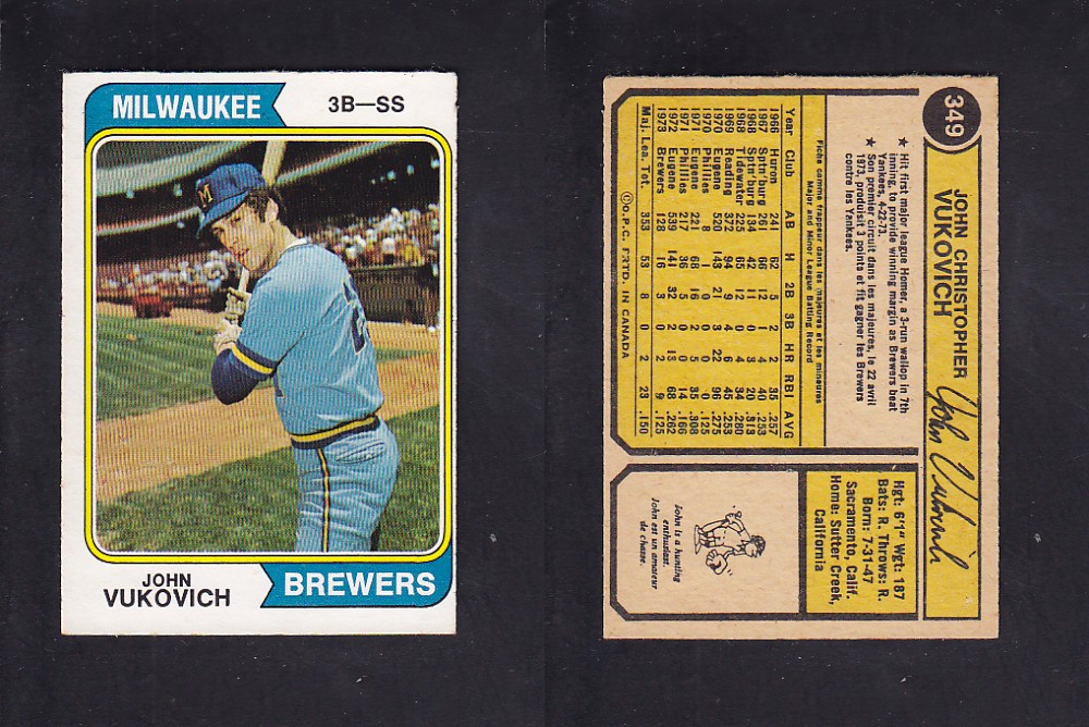 1974 O-PEE-CHEE BASEBALL CARD #349 J. VUKOVICH photo