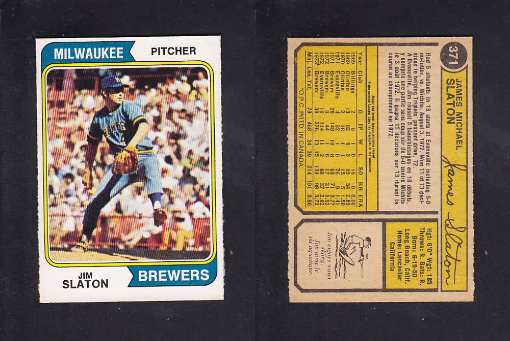 1974 O-PEE-CHEE BASEBALL CARD #371 J. SLATON photo